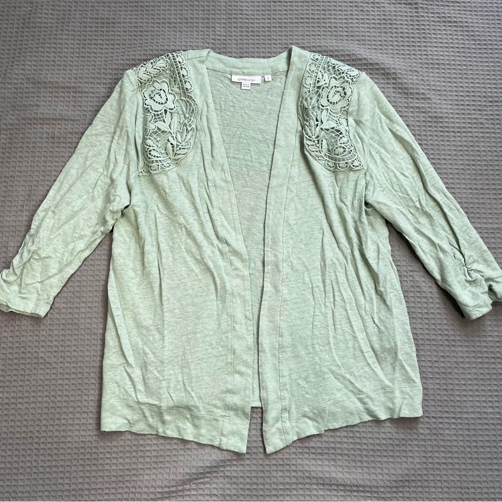 Chico’s 100% Linen Crochet Lace Cardigan Top 1 (Medium) Open Front Green
